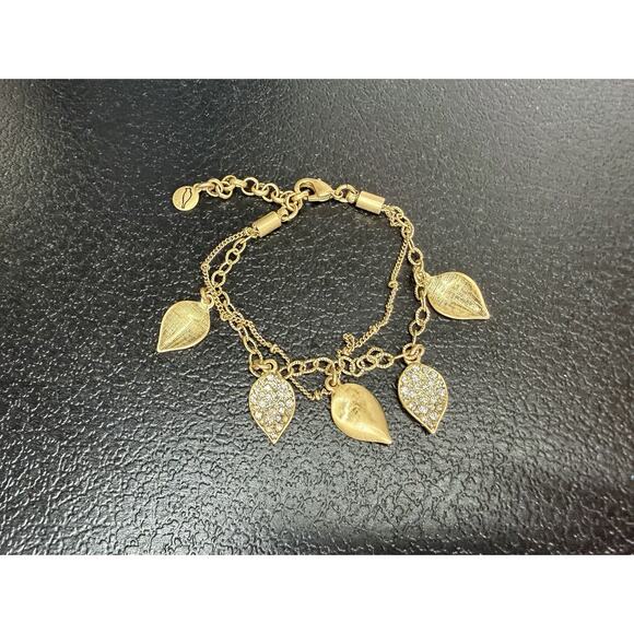 Chloe and Isabel Gold Leaf Charm Dangle Bracelet Rhinestone Multi Strand - Picture 2 of 3